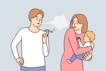 Careless man smoking cigarettes standing next to woman with infant in arms. Shocked girl tries to hide baby from cigarette smoke while walking near smoking passerby. Careless man smoking cigarettes standing next to woman with infant in arms