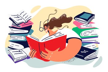 Woman bookworm sitting among textbooks enjoying reading novels or preparing for difficult exams. Bookworm girl is engaged in self-education by studying professional literature to gain new skills. Woman bookworm sitting among textbooks enjoying reading favorite novels or preparing for exams