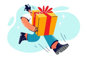 Running man holds huge gift box to wish girlfriend or friend happy birthday or other holiday. Hurrying courier hurries to present gift ordered in online store with door-to-door delivery . Running man holds huge gift box to wish girlfriend or friend happy birthday or other holiday