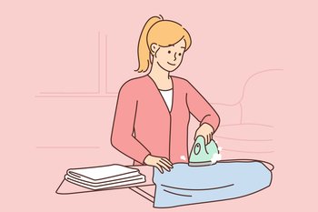Woman ironing clothes on an ironing board. Domestic worker. Maid service concept. Cartoon young girl in gray dress and brown apron. Flat vector design. Woman ironing clothes on an ironing board