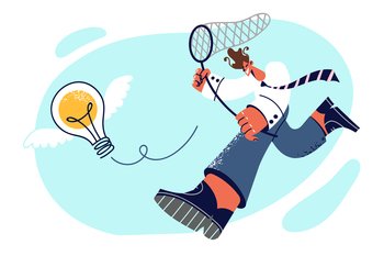 Man in business clothes with butterfly net runs after light bulb with wings, symbolizing search for new ideas. Search non-standard ideas for business and entrepreneurial imagination concept . Man iwith butterfly net runs after light bulb with wings, symbolizing search for new idea