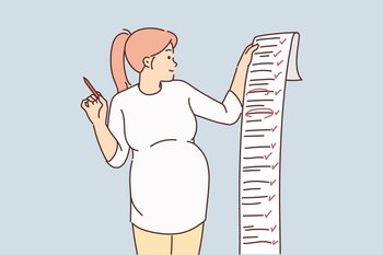 Pregnant woman hold in hands long to do list. Smiling future mother put checks on plan. Planning and time management. Pregnancy problems. Vector illustration. . Pregnant woman hold long to do list 