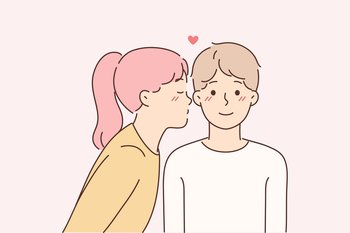 Little girl kisses lover on cheek for concept of first childhood love for boy friend. Schoolboy gives kiss to classmate to wish Happy Valentine Day to confess romantic relationship . Little girl kisses lover on cheek for concept of first childhood love for boy friend