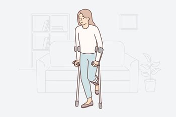 Disabled woman getting around with crutches injuring knee during car accident or fall. Girl with crutches undergoes rehabilitation after leg fracture that causes difficulties for movement. Disabled woman getting around with crutches injuring knee during car accident or fall