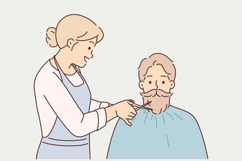 Hipster man cuts beard in beauty salon, wanting to have attractive appearance and stand out from crowd. Woman hairdresser from barbershop cuts beard and mustache to guy who does not want to shave. Woman hairdresser from barbershop cuts beard and mustache to man who does not want to shave