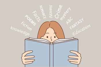 Inquisitive woman reads book wanting to gain new knowledge from educational literature or classic fiction stories. Girl bookworm holding book near face doing self-education and reading poetry. Inquisitive woman reads book wanting to gain new knowledge from educational literature