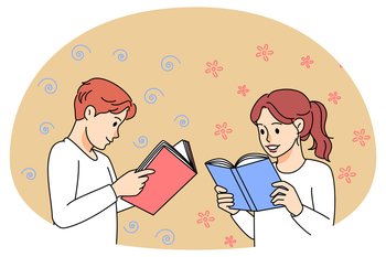 Smiling small children reading book. Happy kids enjoy literature, involved in fairytales or novels. Knowledge and intelligence. Vector illustration.. Happy kids enjoy books reading