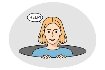 Young woman looking from hole in ground asking for help. Unhappy girl suffer from solitude and loneliness. Depression and sadness. Vector illustration.. Woman suffer from loneliness asking for help