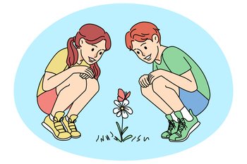 Happy children looking at flower interested in botanic. Smiling girl and boy enjoy nature. Young biologists concept. Vector illustration.. Smiling kids looking at flowers