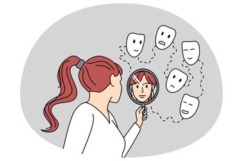 Woman look in mirror see different faces. Girl feel happy, sad and joyful. Concept of being honest with yourself. Vector illustration.. Woman look in mirror seeing different faces
