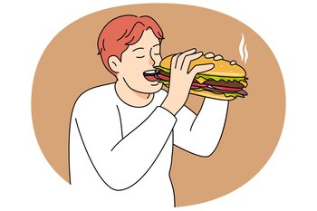 Hungry man eating big burger. Excited male enjoy tasty fresh hamburger in restaurant. Fast food concept. Vector illustration.. Hungry man eating burger