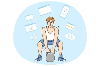 Strong young man training lifting barbell in gym. Toned fit male sportsman exercise with dumbbell. Sport and workout concept. Vector illustration.. Strong man workout with barbell in gym