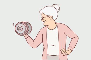 Strong grandmother lifts dumbbell wishing to remain powerful and energetic after retirement. Elderly grandmother is happy to go in for sports or fitness lifting weights to strengthen arms. Strong grandmother lifts dumbbell wishing to remain powerful and energetic after retirement
