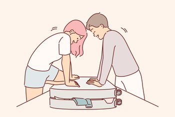 Couple is packing up luggage for travel and trying to close overstuffed suitcase full of clothes. Happy man and woman packing travel bag for vacation trip feeling joyful anticipation of voyage. Couple is packing up luggage for travel and trying to close overstuffed suitcase full of clothes