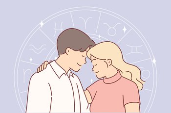Romantic couple and horoscope wheel symbolizing full compatibility of man and woman with different zodiac signs. Hugging guy and girl believe in eastern horoscope or want to start family. Romantic couple and horoscope wheel symbolizing full compatibility man and woman with zodiac signs