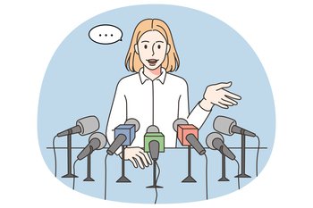 Smiling woman speaker giving comments to reporters at press conference. Businesswoman talking with journalists at meeting. Mass media and journalism. Vector illustration.. Speaker talking with reporters at press conference