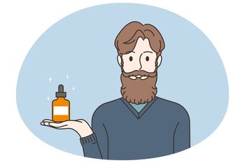 Man with beard holding beauty product in hands. Smiling male recommend cosmetics for beard after shaving. Vector illustration.. Man recommend beauty product for beard