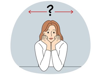 Confused woman feel distressed thinking of choosing right direction. Frustrated female decide which way to go. Dilemma and career choice. Vector illustration.. Confused woman thinking of right direction