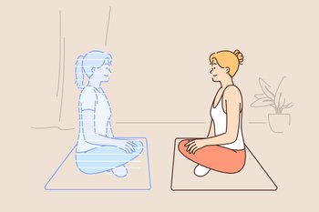 Woman doing yoga with virtual trainer sitting on fitness mat in lotus position and looking at hologram of instructor. Girl who is fond of yoga trains to meditate using innovative technologies. Woman doing yoga with hologram virtual trainer sitting on fitness mat in lotus position