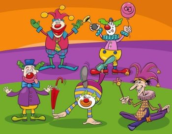 Cartoon illustration of funny clowns or comedians characters group