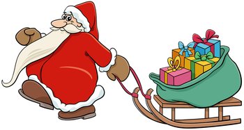 Cartoon illustration of happy Santa Claus character pulling a sleigh with Christmas gifts