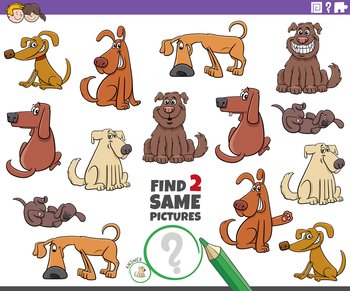 Cartoon illustration of finding two same pictures educational game with comic dogs animal characters