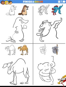 Cartoon illustration of drawing and coloring educational worksheet with funny animal characters