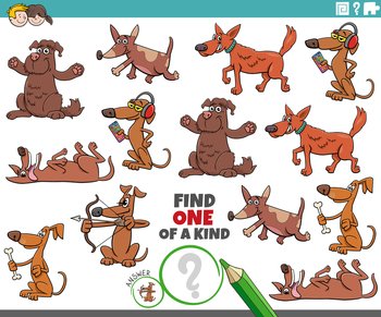 Cartoon illustration of find one of a kind picture educational game with comic dogs animal characters