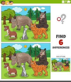 Cartoon illustration of finding the differences between pictures educational game with wild animal characters group