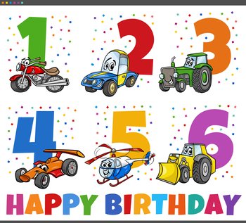 Cartoon illustration design of the birthday greeting cards set for children with vehicle characters
