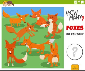 Illustration of educational counting game for children with cartoon foxes animal characters group