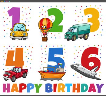 Cartoon illustration design of the birthday greeting cards set for children with comic vehicle characters