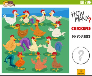 Illustration of educational counting game for children with cartoon chickens farm animal characters group