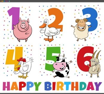 Cartoon illustration design of the birthday anniversary greeting cards set for children with farm animal characters