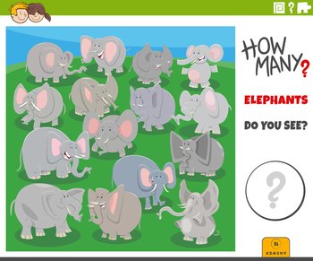 Illustration of educational counting game for children with cartoon elephants animal characters group