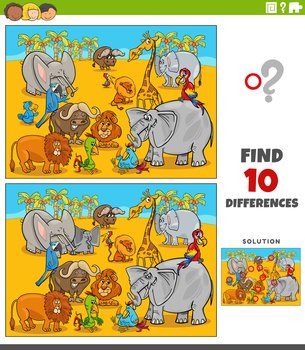 Cartoon illustration of finding the differences between pictures educational game with funny Safari animal characters group