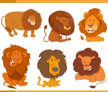 Cartoon illustration of funny lions wild animals comic characters set