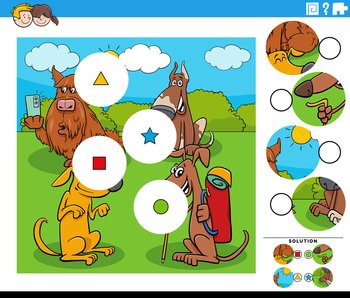 Cartoon illustration of educational match the pieces jigsaw puzzle task with funny dogs animal characters