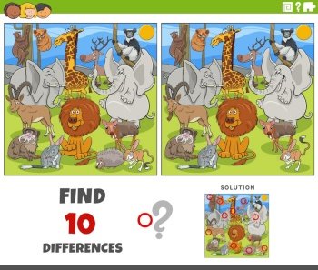 Cartoon illustration of finding the differences between pictures educational game with comic wild animal characters