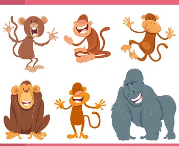 Cartoon illustration of funny monkeys and apes animal characters set