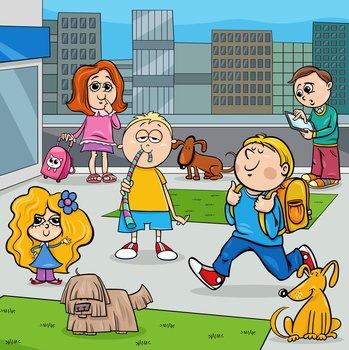 Cartoon illustration of children characters group in the city square