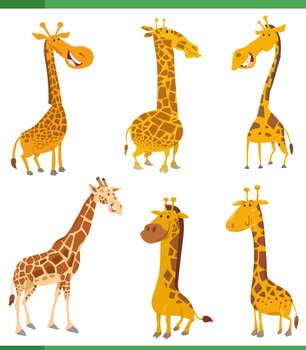Cartoon illustration of funny giraffes wild animal characters set
