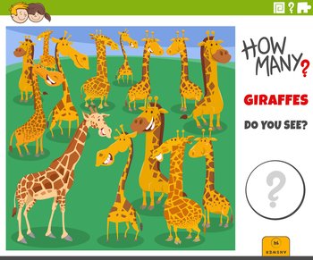 Illustration of educational counting game for children with cartoon giraffes animal characters group