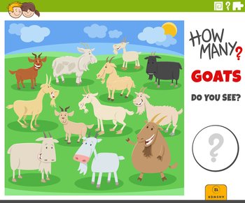 Illustration of educational counting game for children with cartoon goats animal characters group