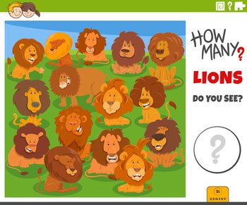 Illustration of educational counting game for children with cartoon lions animal characters group