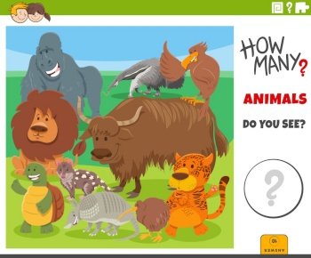 Illustration of educational counting game for children with cartoon wild animal characters
