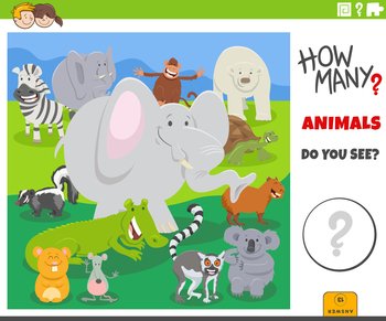 Illustration of educational counting game for children with cartoon animal characters group