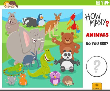 Illustration of educational counting game for children with cartoon wild animal characters group