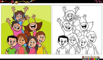 Cartoon illustrations of funny children and teens comic characters group coloring page