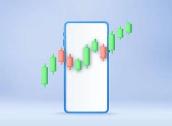 3d Candle stick graph chart of online stock market trading with mobile phone. Investment trading stock market. 3d rendering. Vector illustration. 3d Candle stick graph chart of online stock
